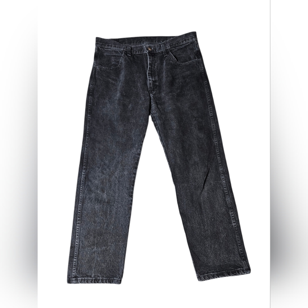 Vintage Rustler 34x30 Black Wash Denim Jeans Straight Made In Mexico Wrangler